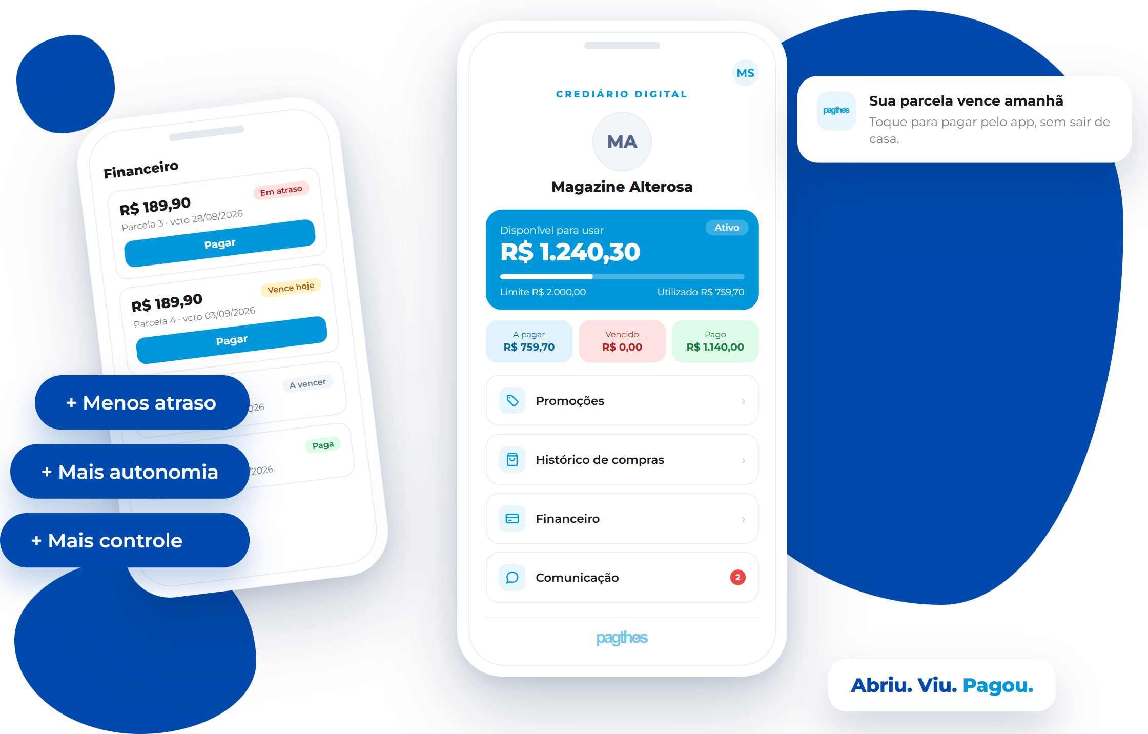 Aplicativo Crediário Digital da Pagthos: tela inicial com limite disponível, totais a pagar, vencido e pago, e a tela de parcelas com o botão pagar.